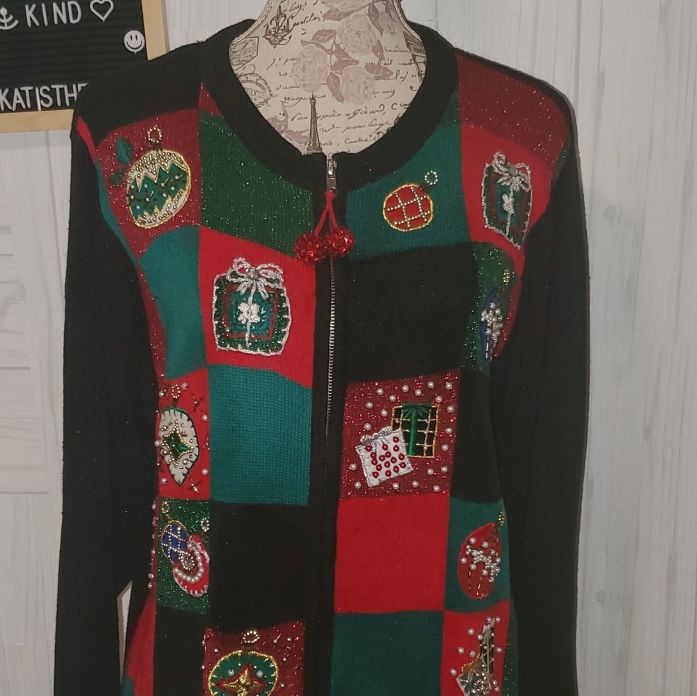 VICTORIA SPENCER LARGE ORNATE "UGLY" XMAS CARDIG L